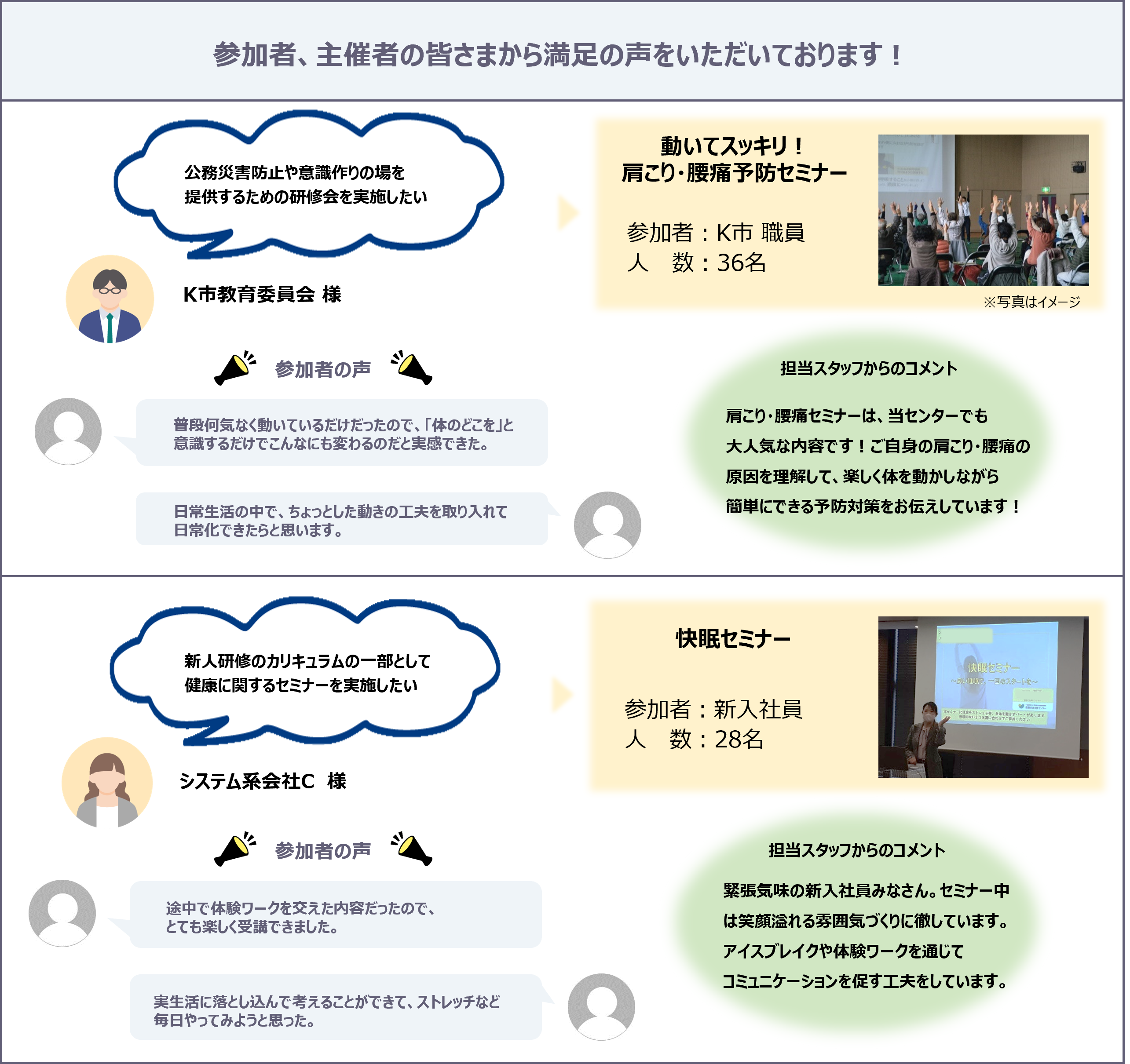 参加者、主催者の皆さまから満足の声をいただいております！